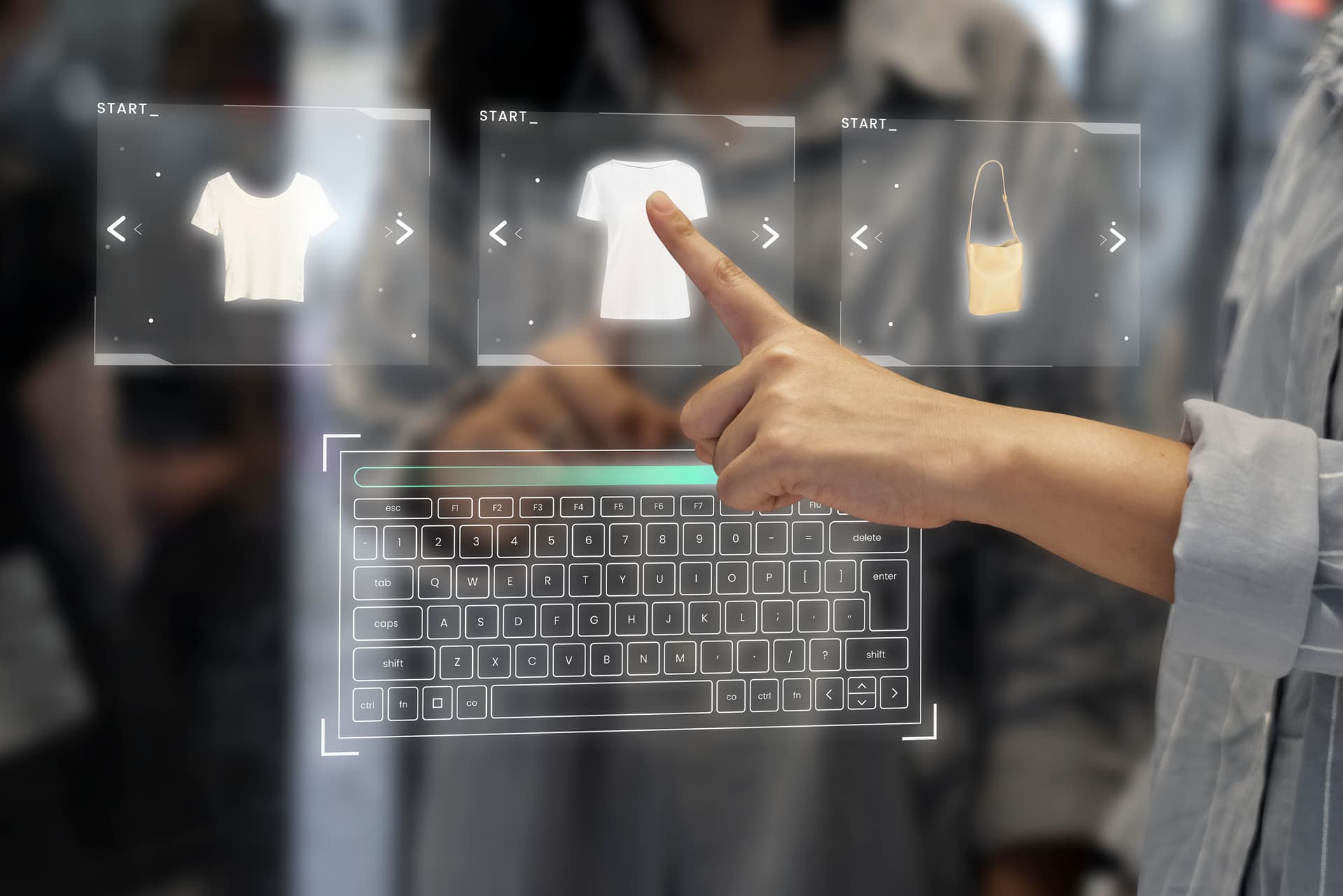Digital wardrobe interface displaying clothing products on a transparent screen