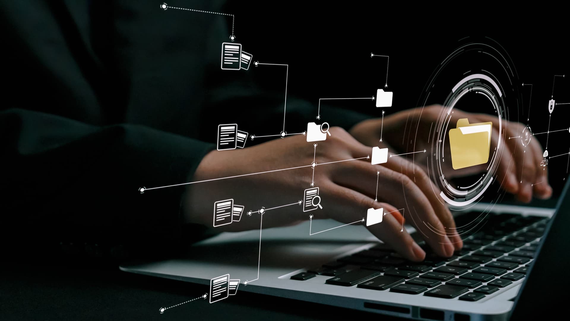 Hands typing on a laptop with glowing data extraction panels and code overlays representing web scraping technology
