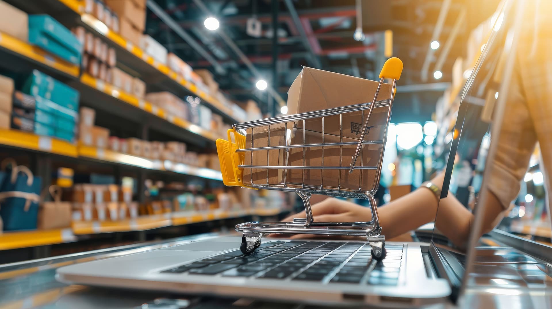 Person setting up an online store and managing products on a laptop