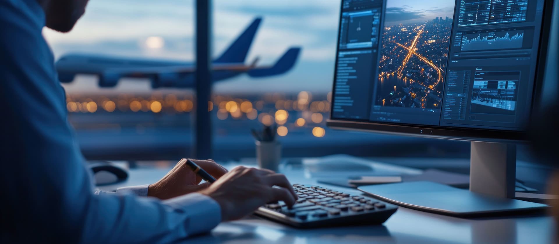 Man using computer for flight data scraping