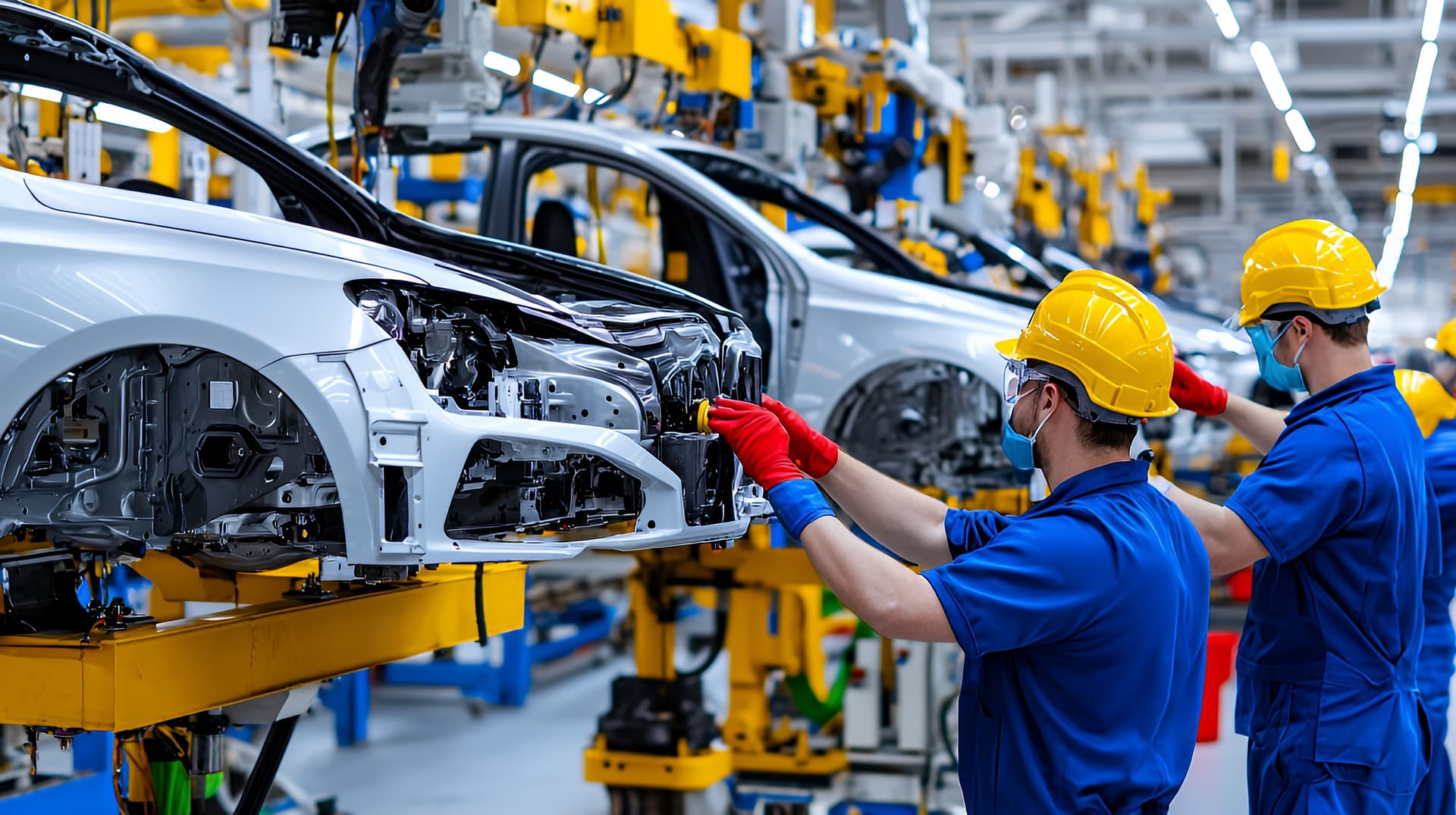 Two workers in a car factory assembly line install parts on a white car body