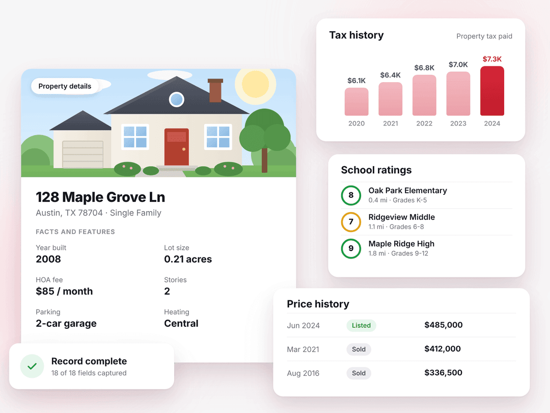 Property record with tax history, HOA fees, lot size, year built and school ratings pulled from Zillow