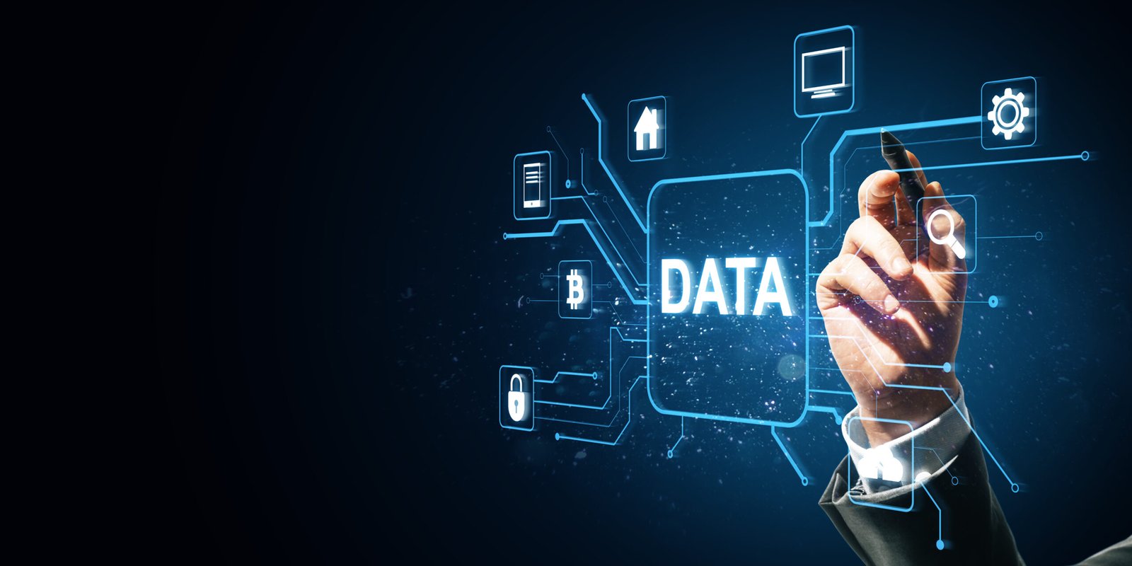 Hand touching virtual data interface with digital icons on dark background.
