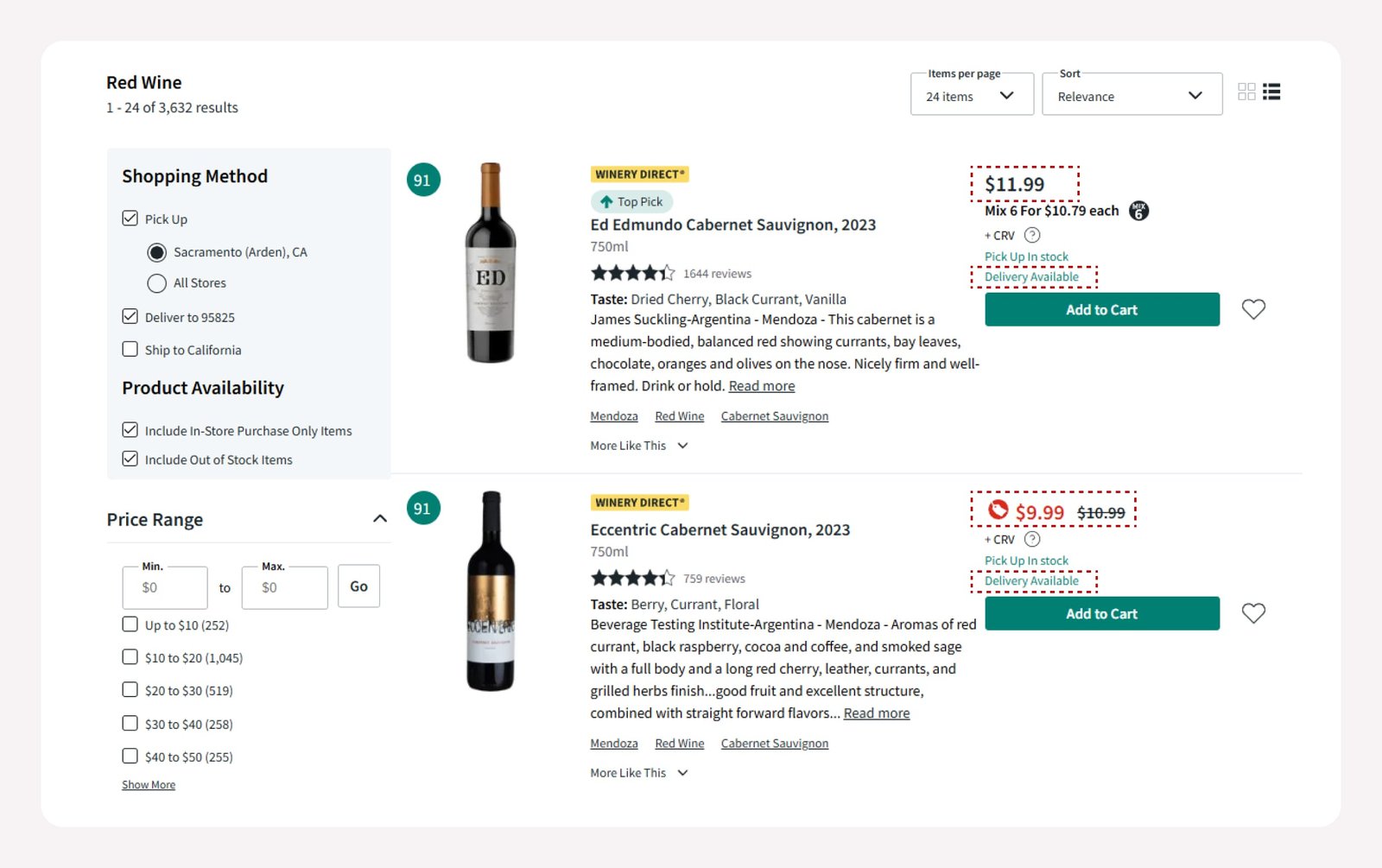 Two red wine bottles with prices