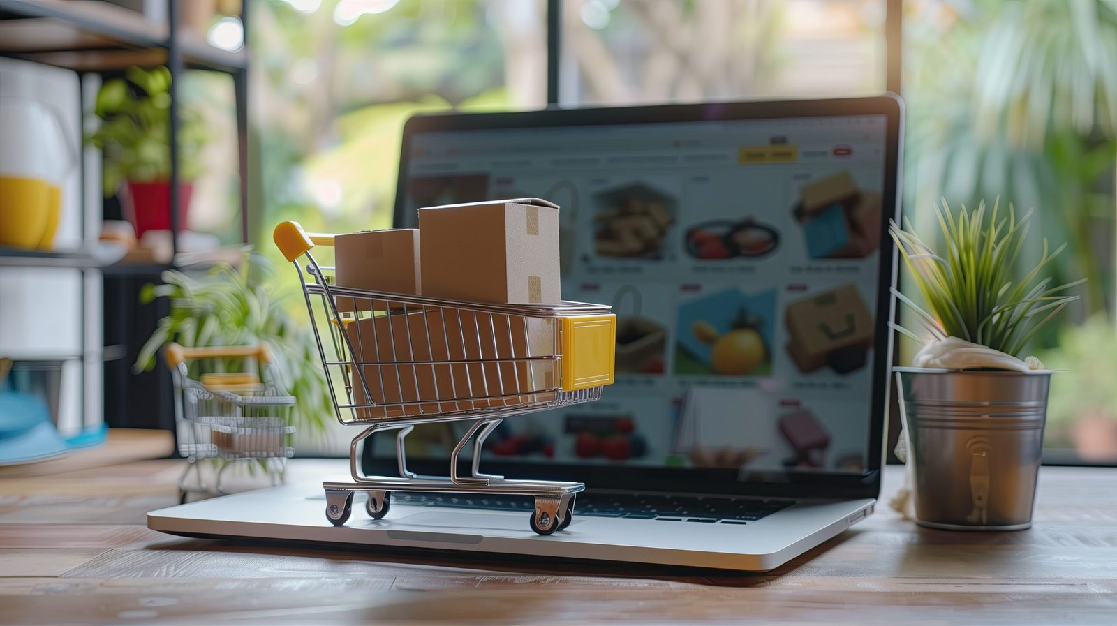 Mini cart on laptop with packages.